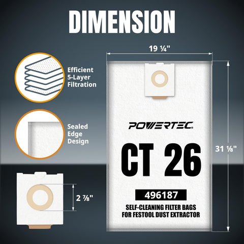 POWERTEC CT26-compatible filter bag installation view improves vacuum setup