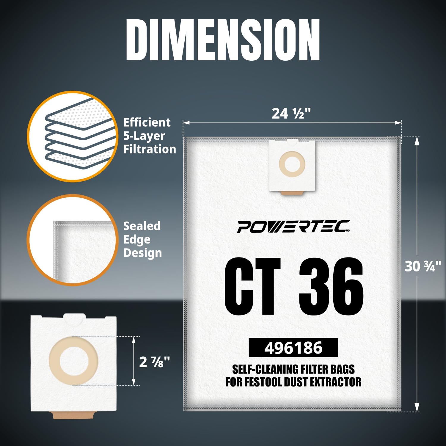 POWERTEC CT36/CT36E bag in use demonstrates compatibility and easy maintenance.