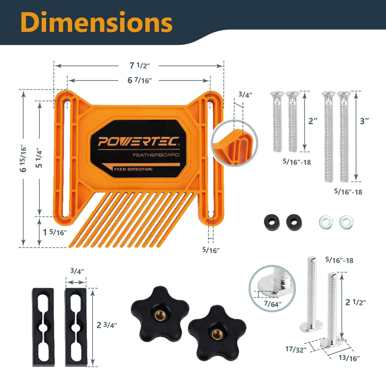 POWERTEC featherboard miter slot brackets enabling flexible horizontal mounting.