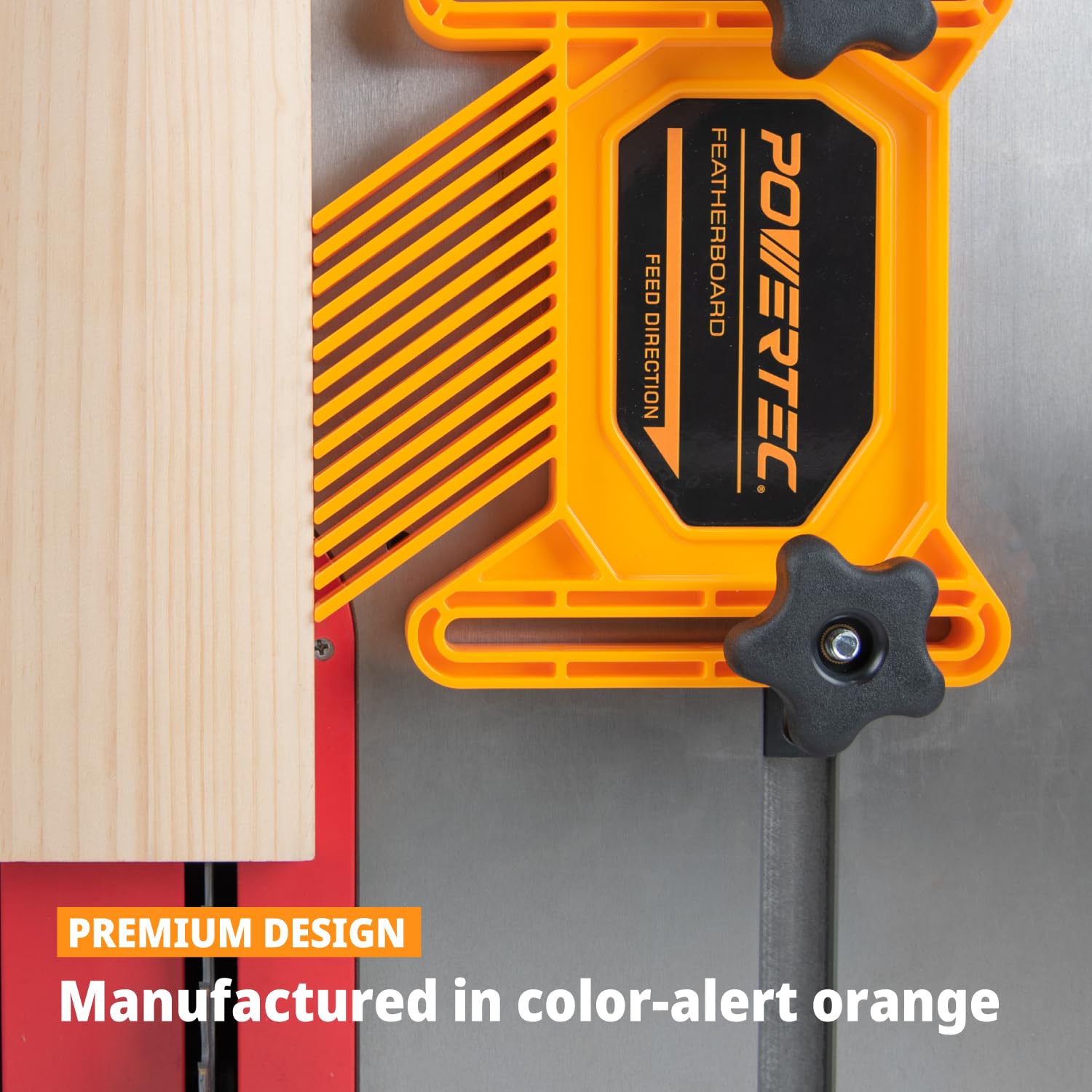 POWERTEC featherboards mounted on a table saw showing reduced kickback potential.