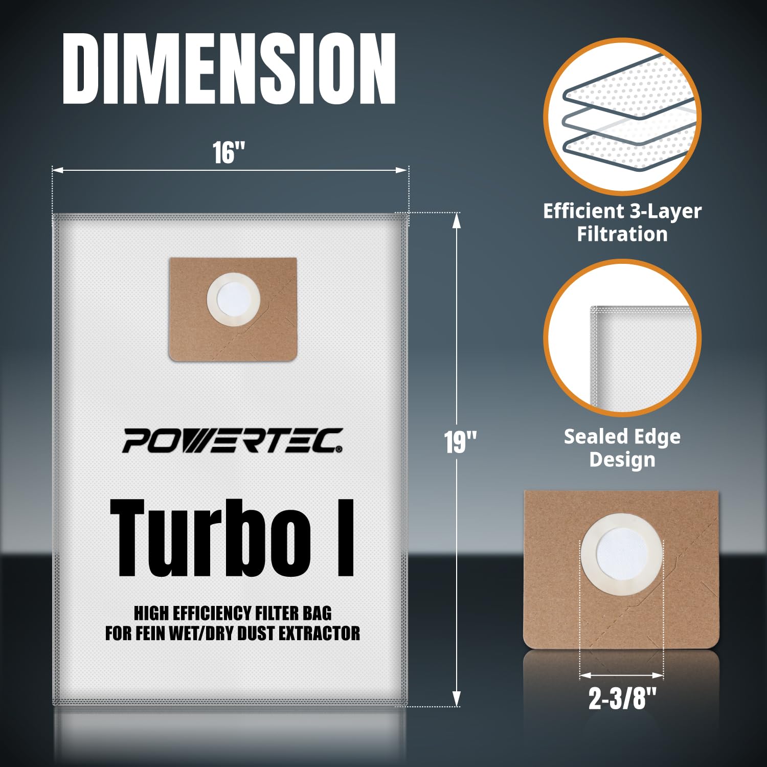 POWERTEC fleece filter bags shown for easy replacement and debris capture.