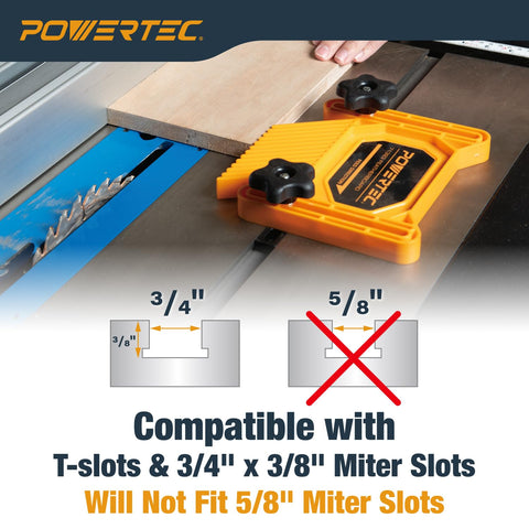 POWERTEC featherboard in horizontal mounting for router table versatility.