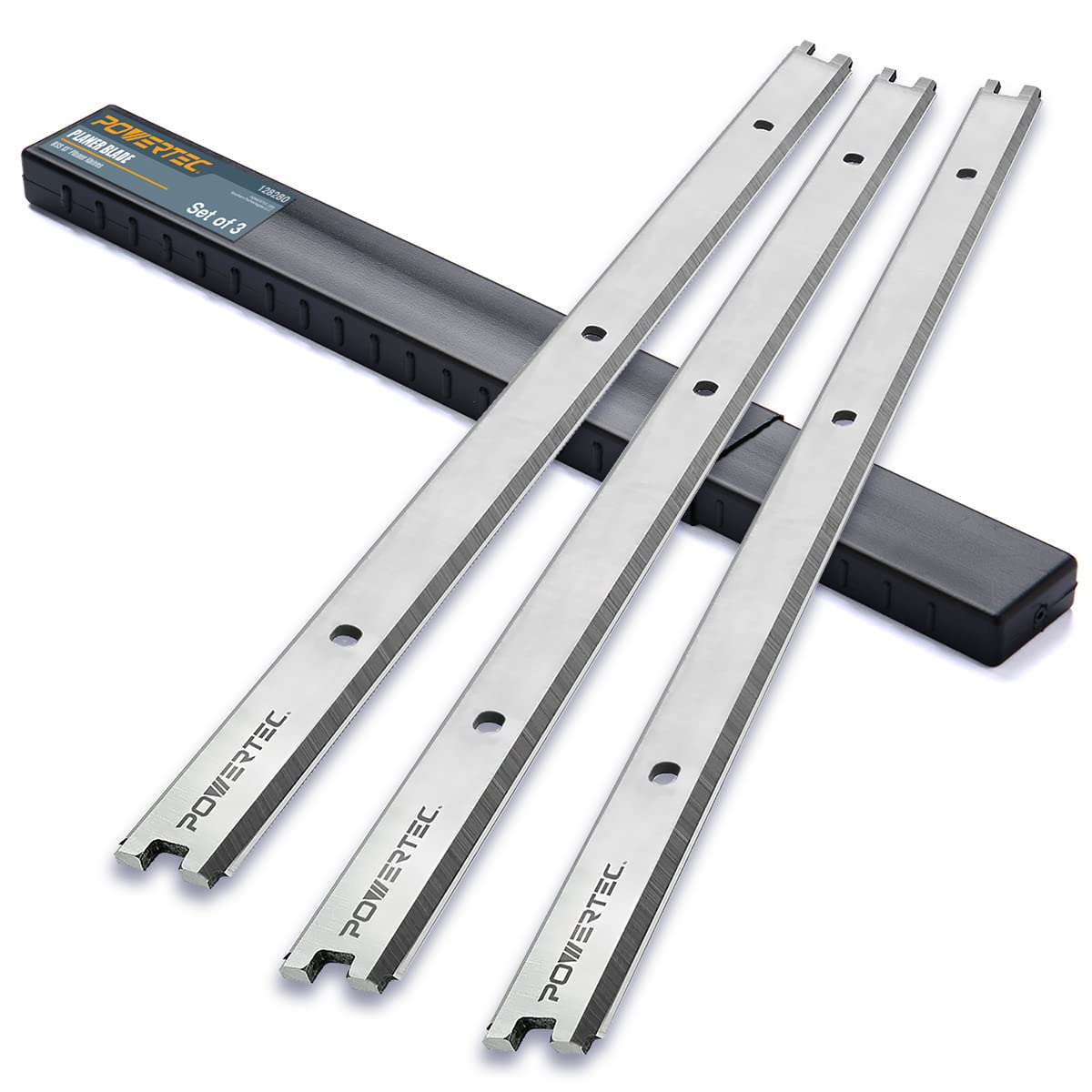 POWERTEC HSS planer blades with dual cutting edges for precision cuts.