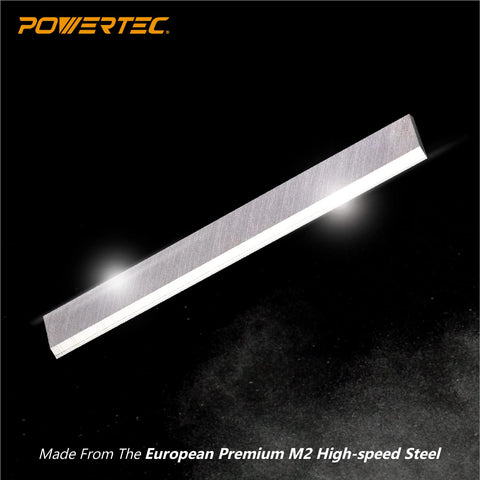 POWERTEC jointer knives with machined locator holes for easy alignment