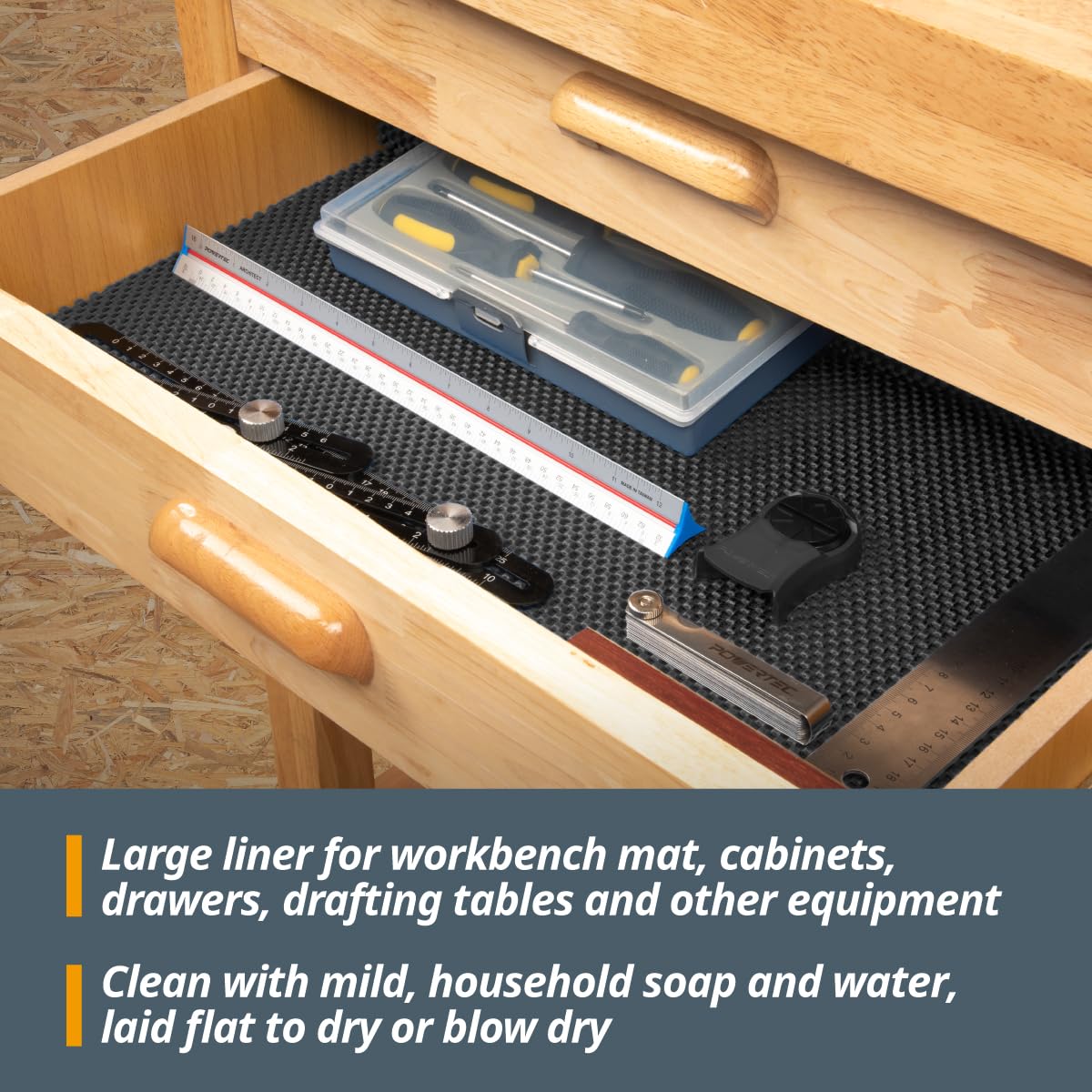 Heavy-duty POWERTEC non-slip mat stays put on rough workshop surfaces.