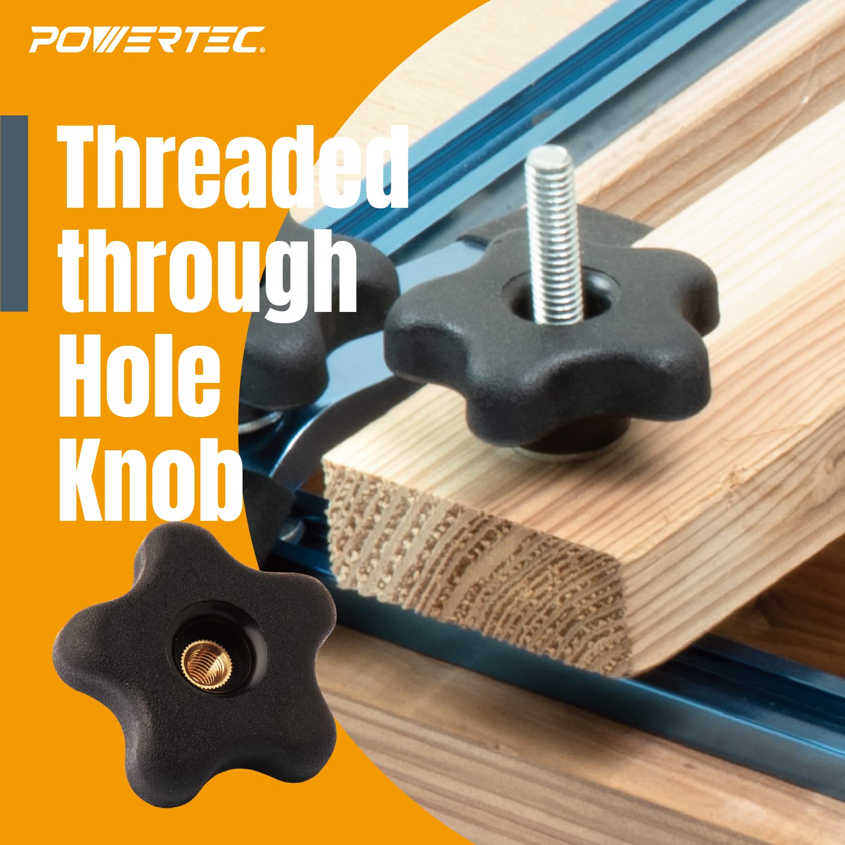 POWERTEC one-inch t-bolts ready for fixture attachments on a work surface.