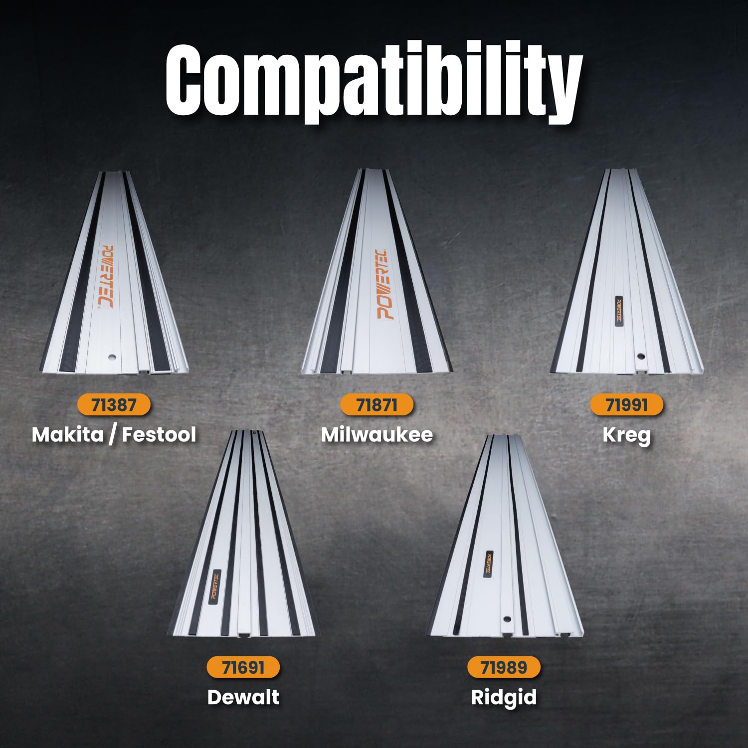POWERTEC packaging shows included rails and connectors for quick setup