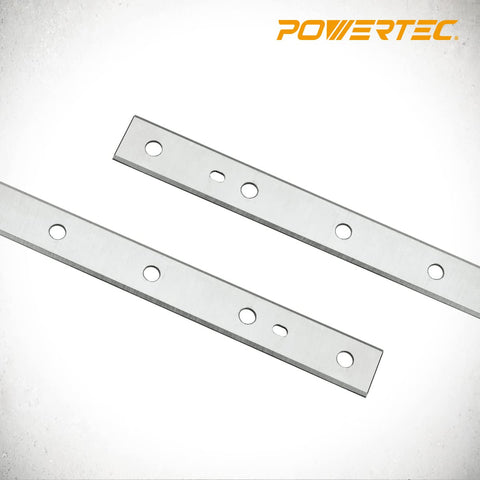 POWERTEC HSS planer blades show machined locator holes for precise setup