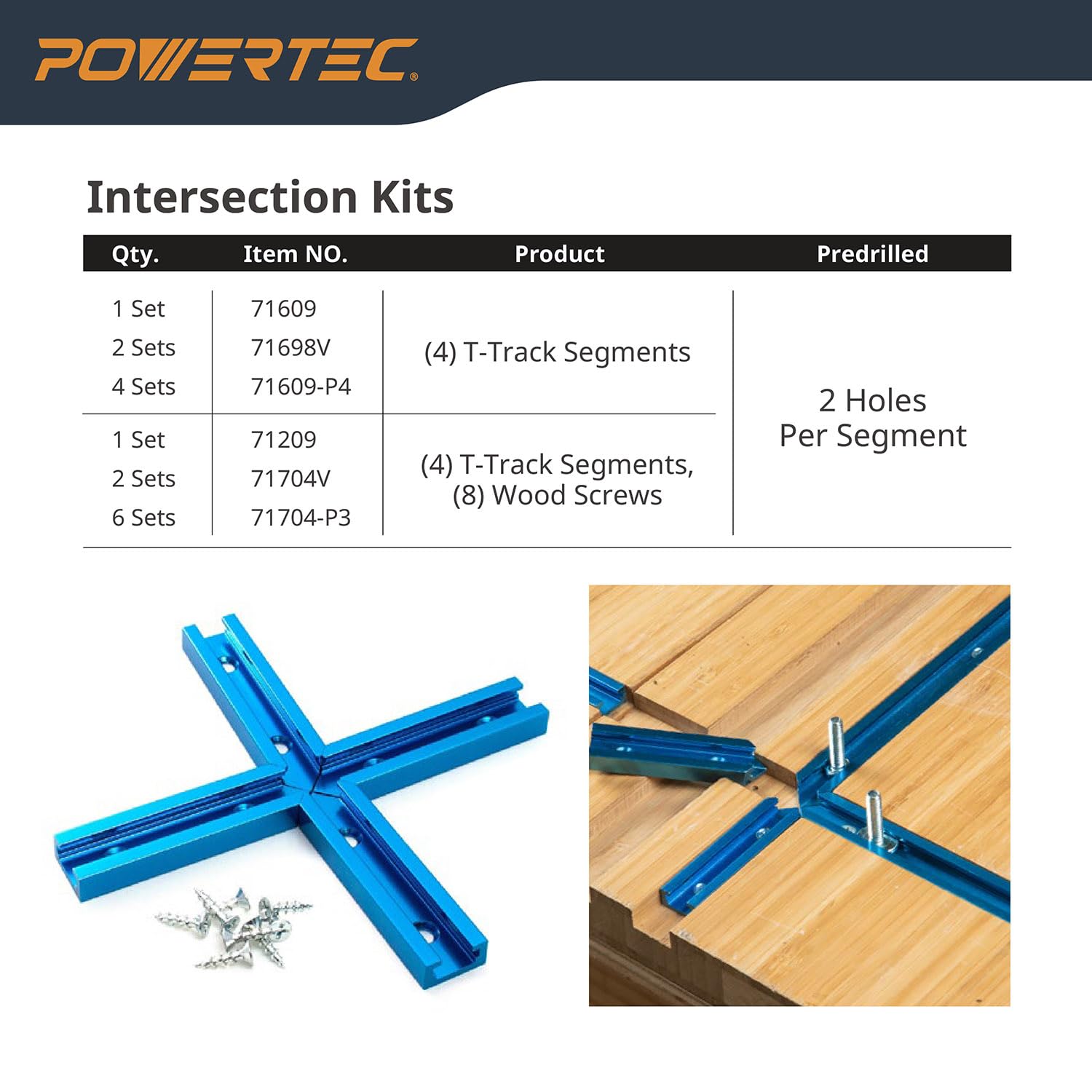 POWERTEC pre-drilled holes on t-track for fast installation.