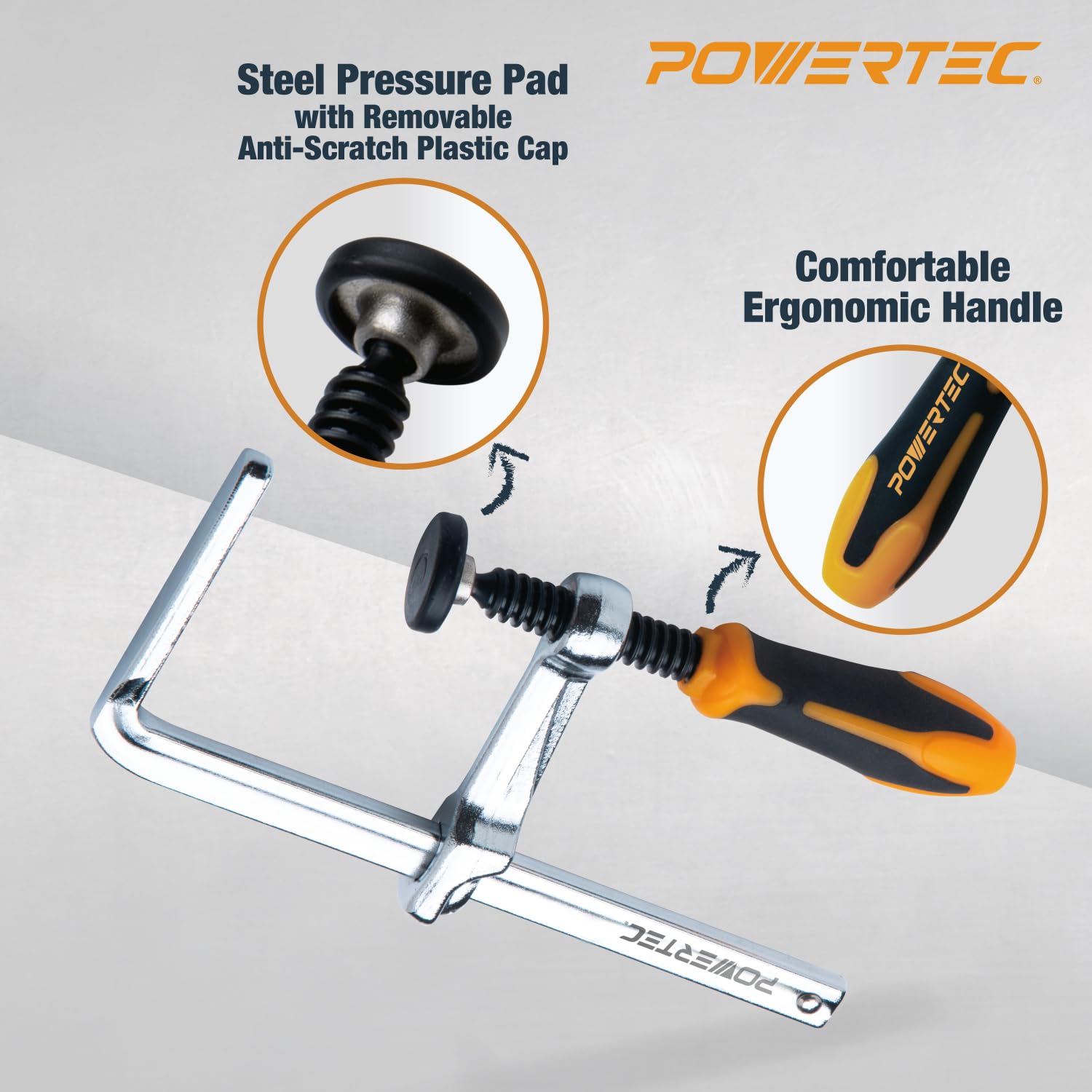 POWERTEC clamp showing 2-3/8in throat depth for accurate routing alignment