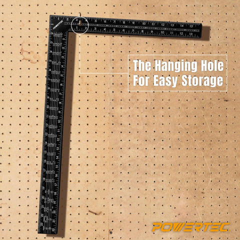 POWERTEC straight edge and right-angle ruler for versatile stock marking.