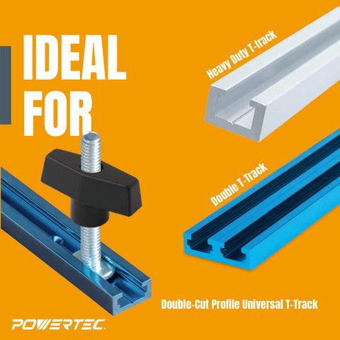 POWERTEC two-inch diameter t-knobs shown for secure adjustments.
