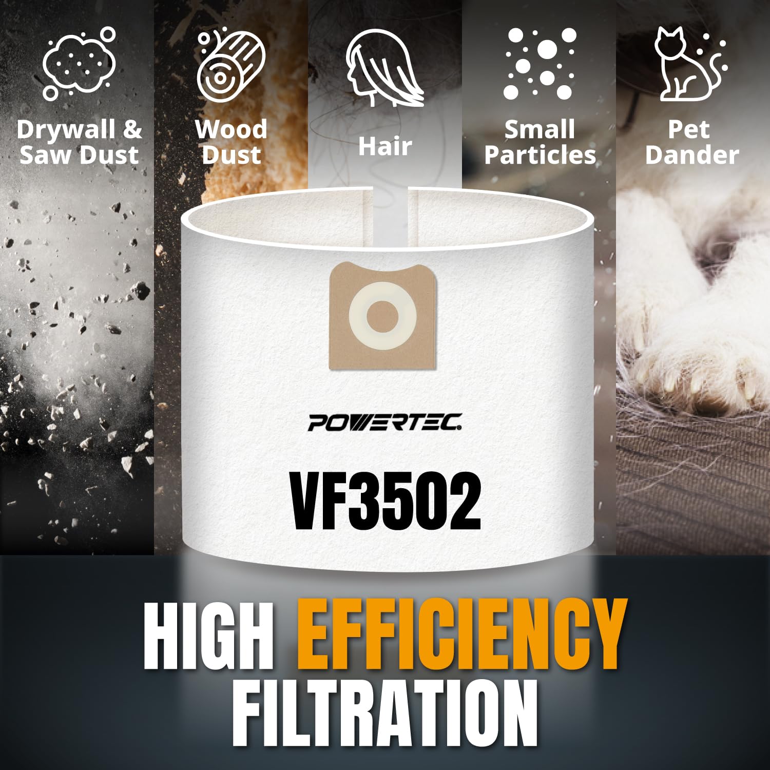 Powertec VF3502 23743 bags with strong filtration and fit.