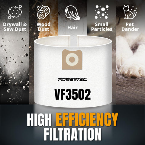 Powertec VF3502 23743 bags with strong filtration and fit.