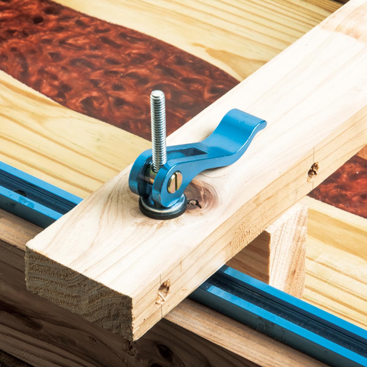 POWERTEC cam clamp in use on a workbench demonstrating versatile hold-down across projects.