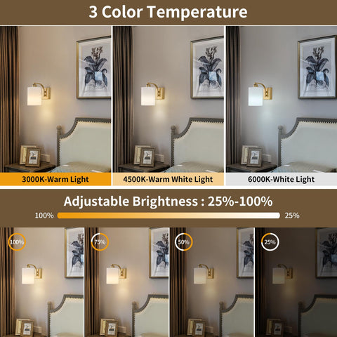 Powfloven Gold sconces showing 3000K, 4000K, 6000K color temperatures
