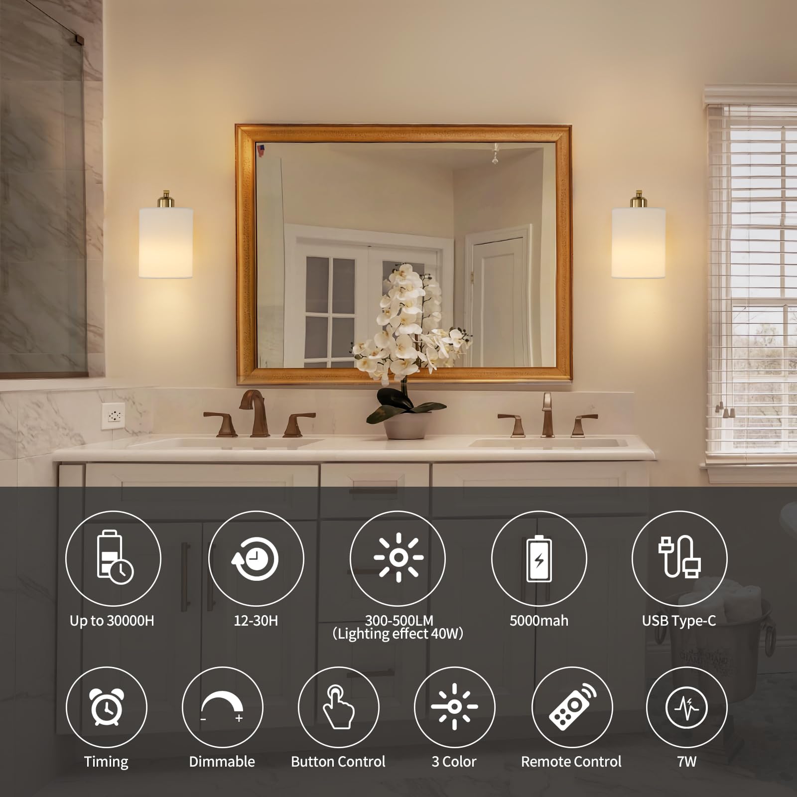 Powfloven Gold battery-powered wall lamp with 5000mAh capacity