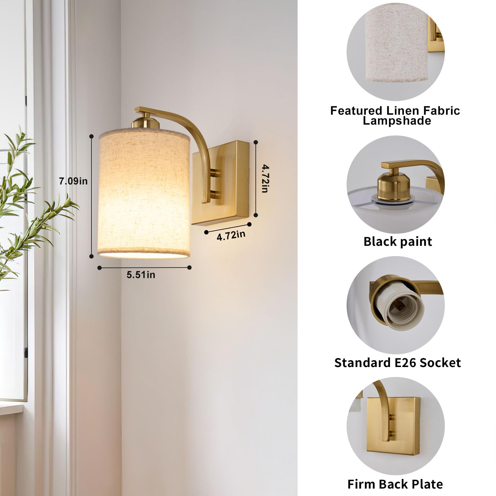 Powfloven Gold wall sconce with remote control for easy brightness and timer