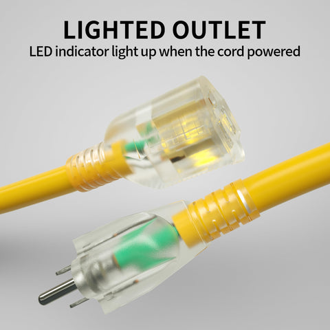 POWGRN outdoor cord with lighted end for quick status checks outdoors.