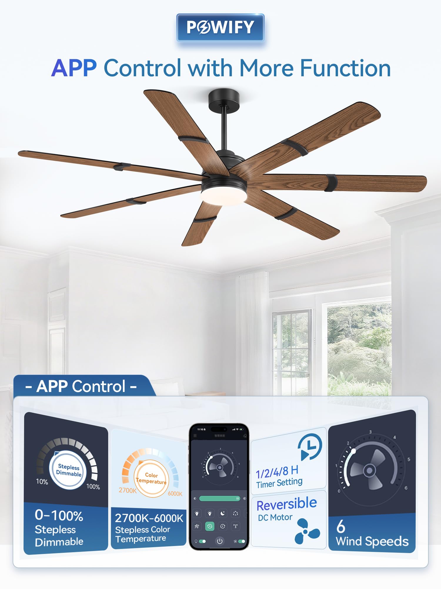 POWIFY 72in black-blades ceiling fan complements modern interiors with quiet, strong airflow.