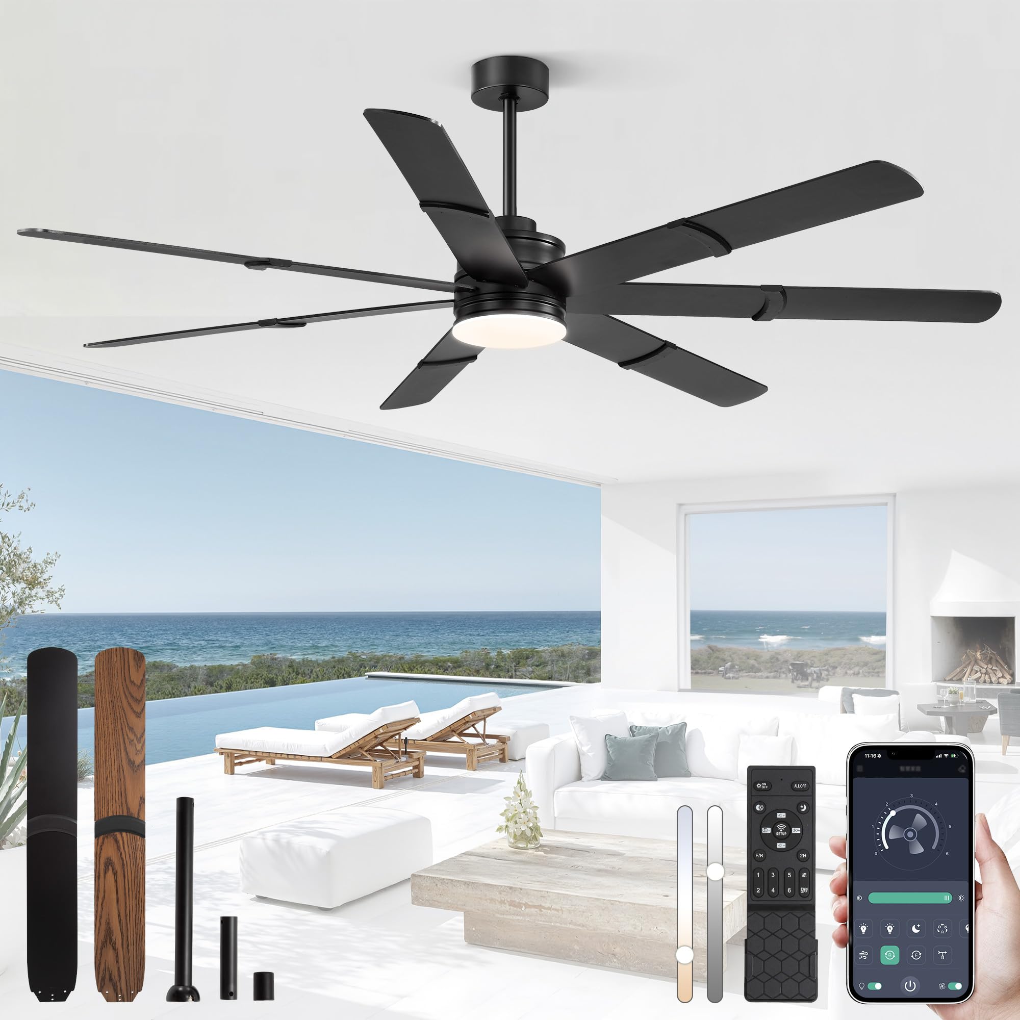 POWIFY 72in wood-blades ceiling fan delivers powerful airflow in large rooms with a classic look.