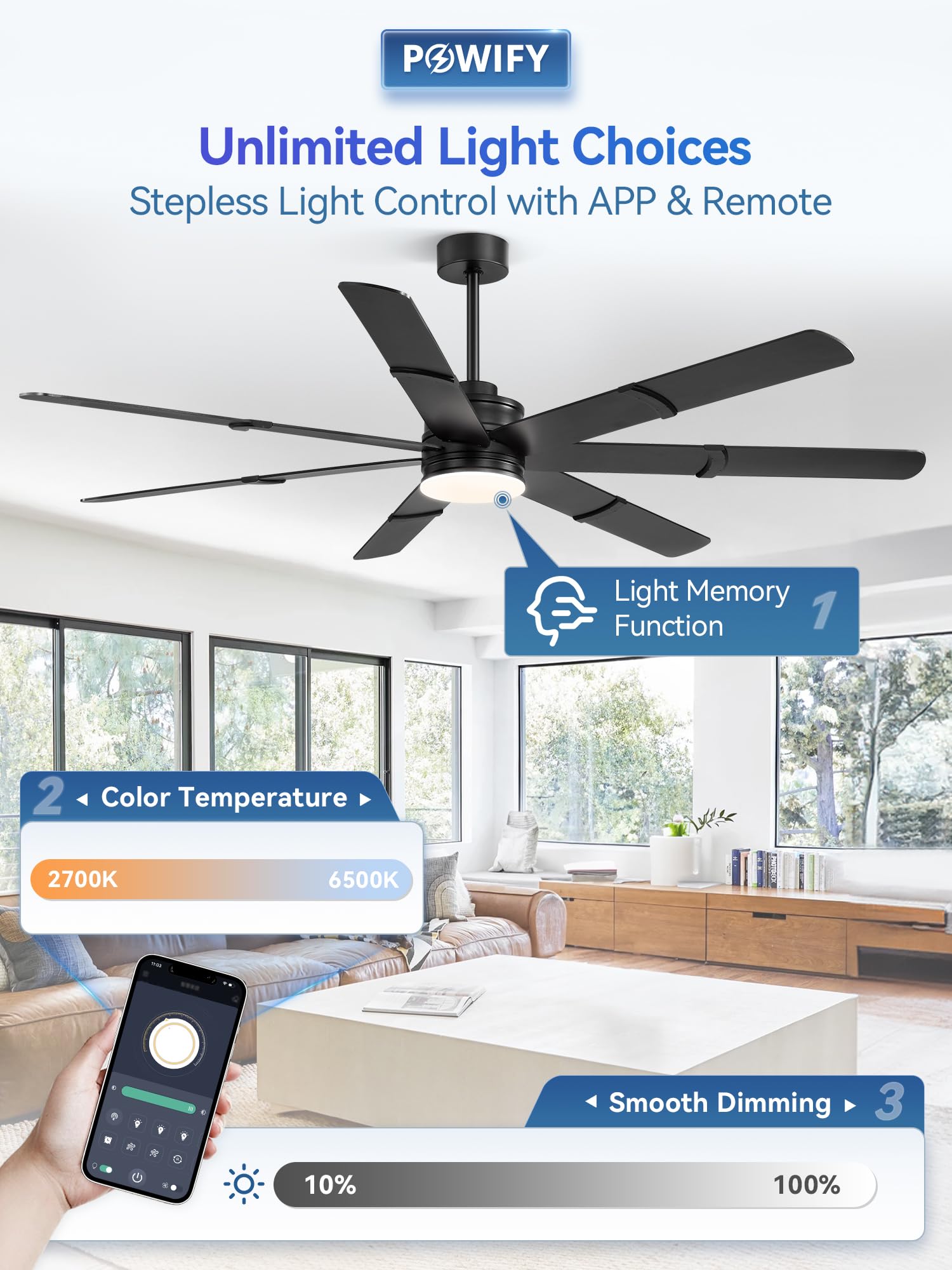 POWIFY app and remote control the fan from anywhere for speed and light adjustments.