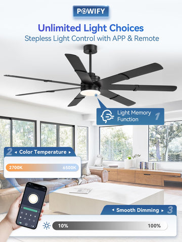 POWIFY app and remote control the fan from anywhere for speed and light adjustments.