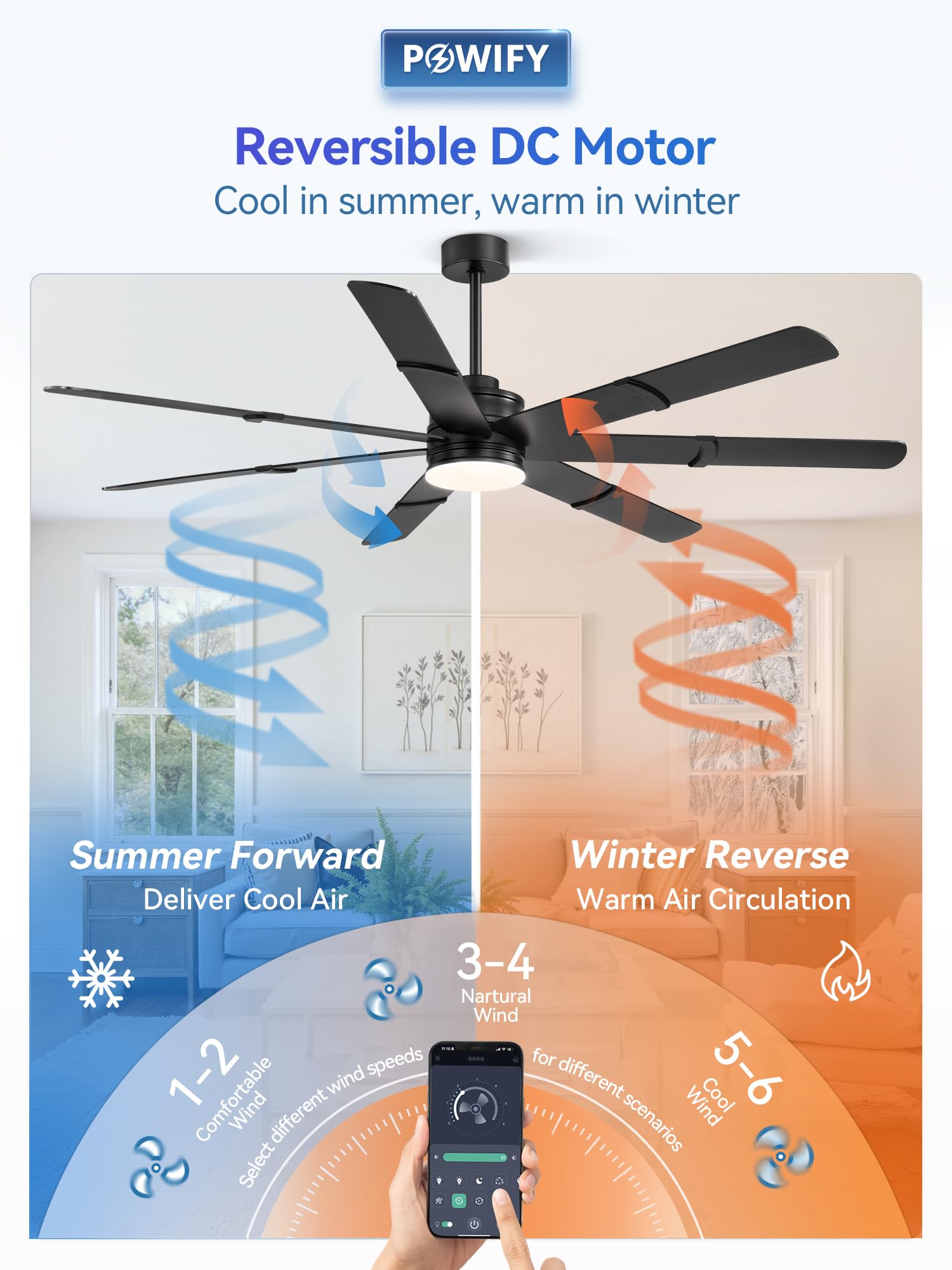 POWIFY quiet DC motor ensures steady airflow with minimal noise.