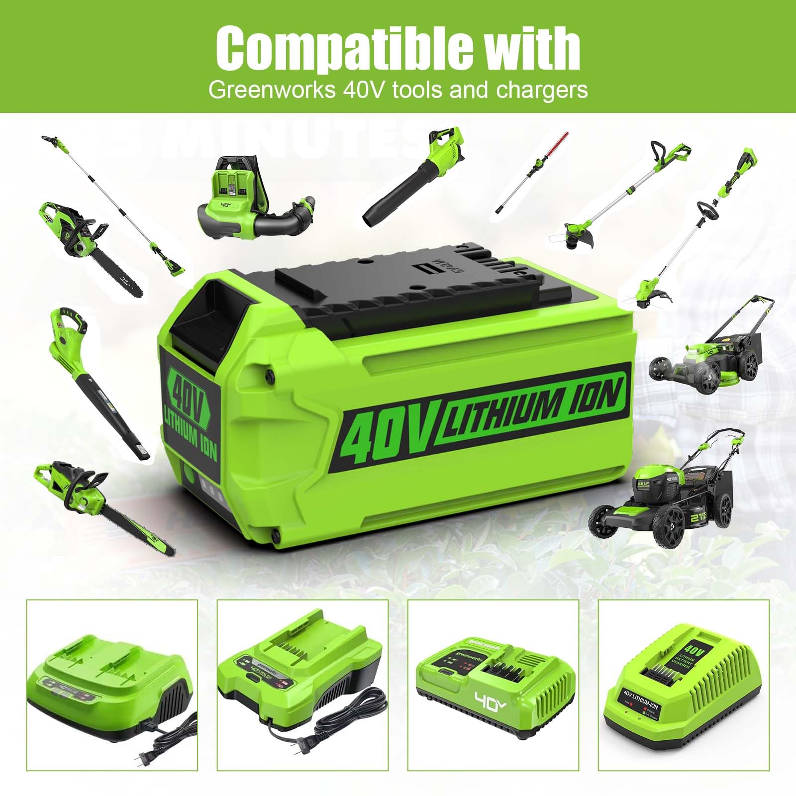 Compatibility checklist shows broad fit for Greenworks G-MAX tools.