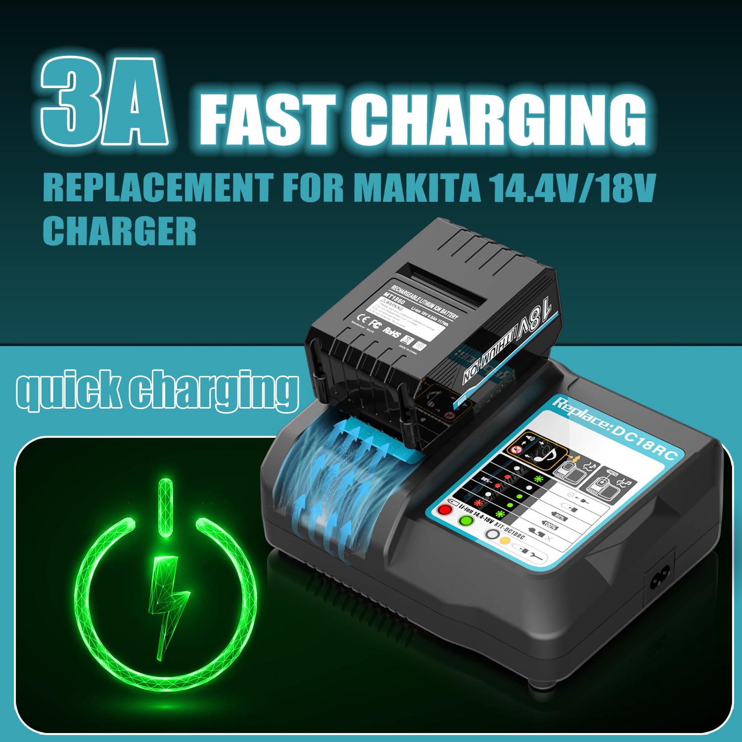 Powilling DC18RC rapid charger back view showing input and safety features