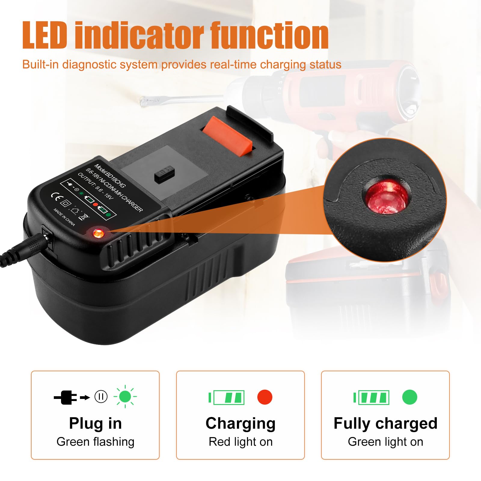 Powilling HPB18 battery pack with charger for complete Black & Decker replacement.