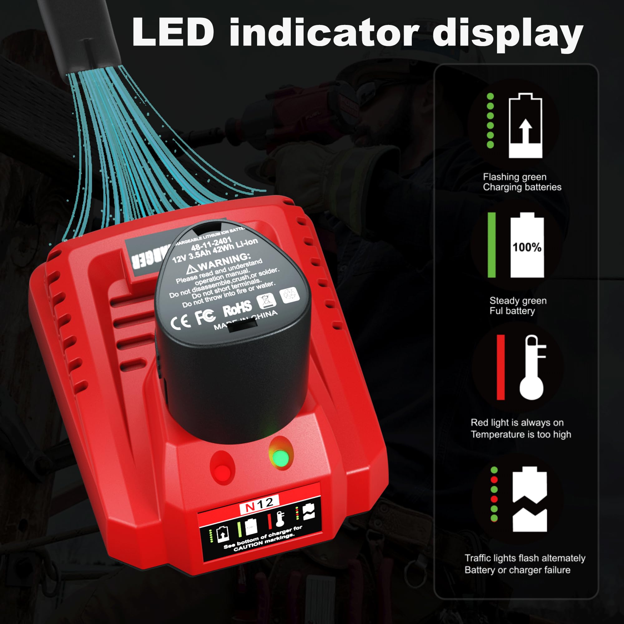 Powilling charger LED indicators show charging status