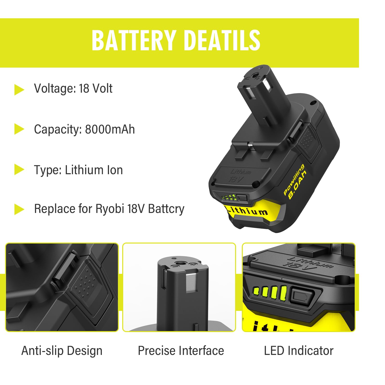 Powilling P108 battery in drill showing high 8000mAh capacity.