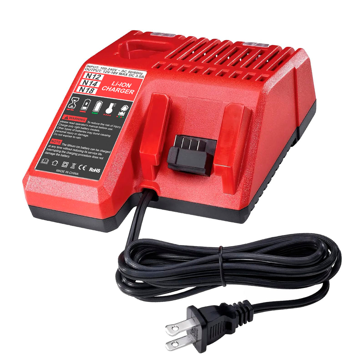 Powilling rapid charger for Milwaukee M12/M18 batteries showing broad compatibility
