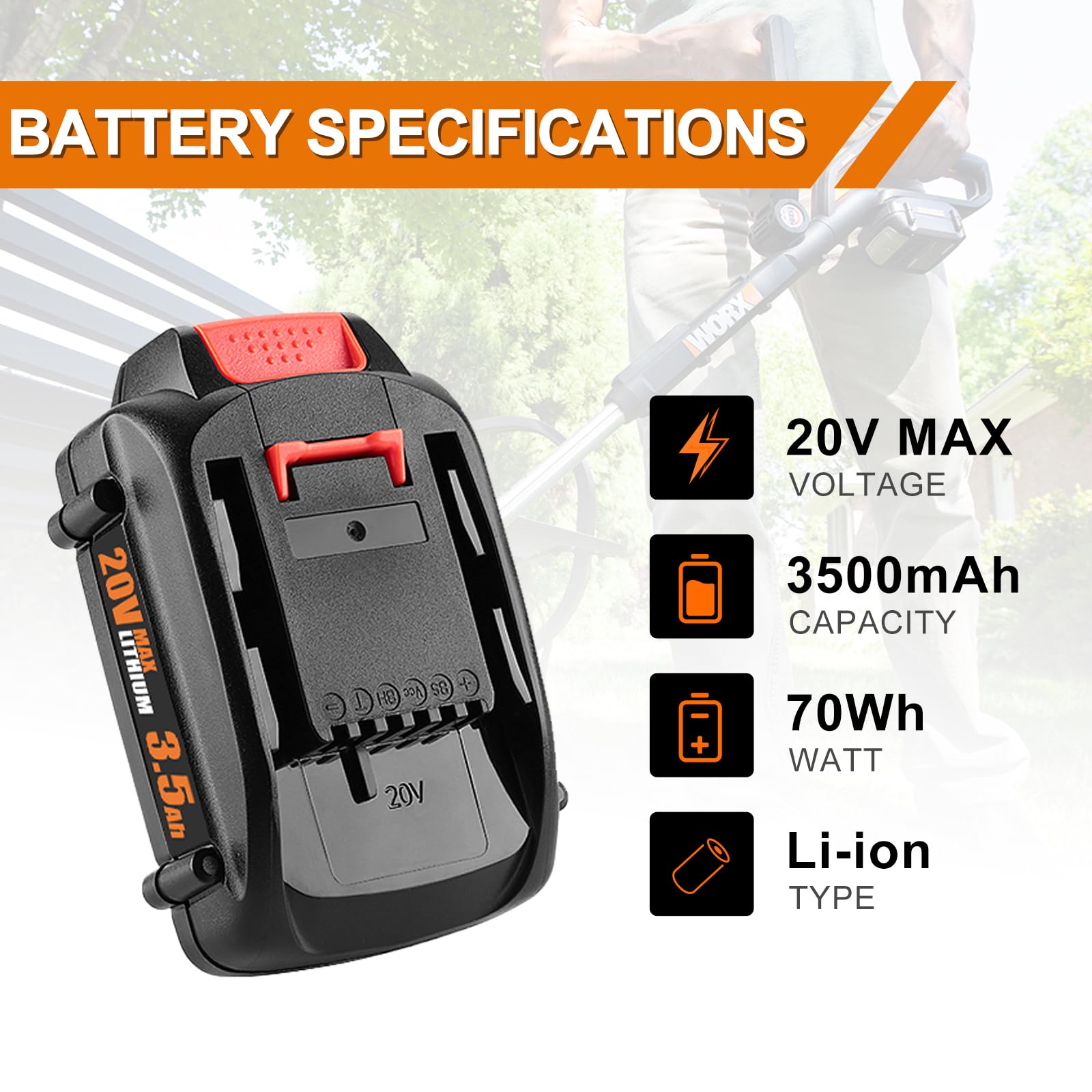 Powilling WA3525 20V battery side view shows slim, balanced design.