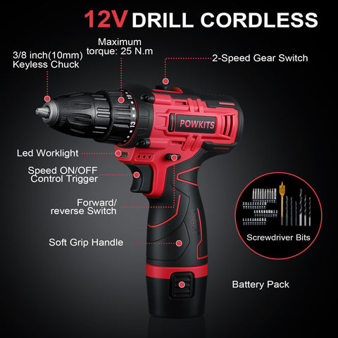 POWKITS 1500mAh battery powers the drill for longer projects