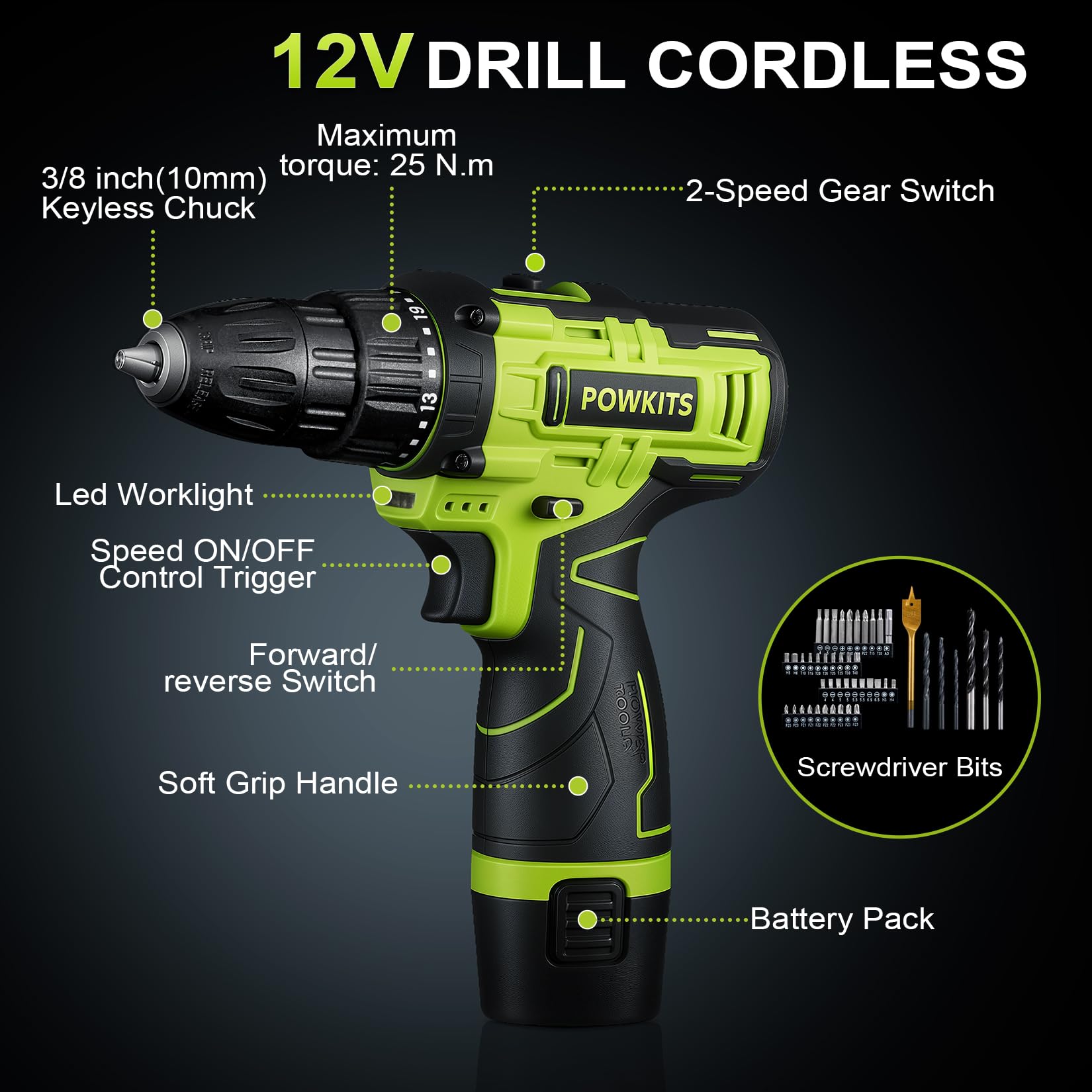 POWKITS wood and metal drill bits cover common materials.