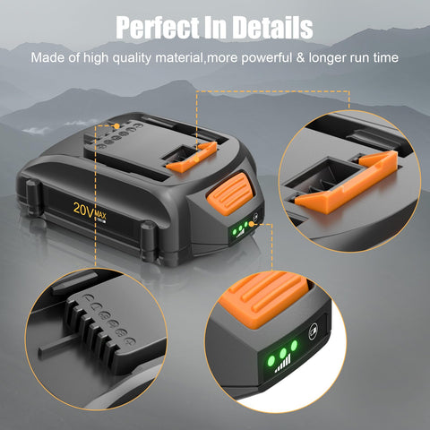 Powtree 2Pack battery compatibility chart illustrating Worx 20V range
