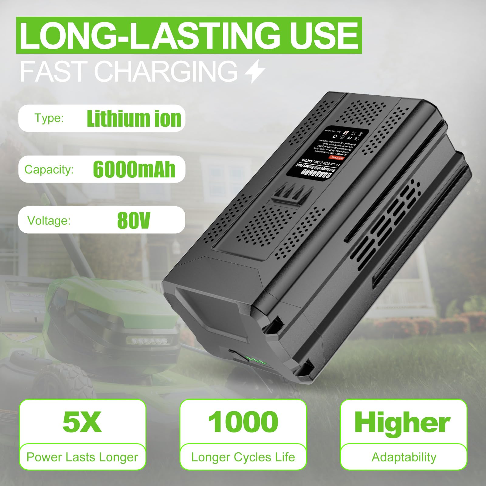Powtree 80V lithium battery fits Greenworks tools across multiple models