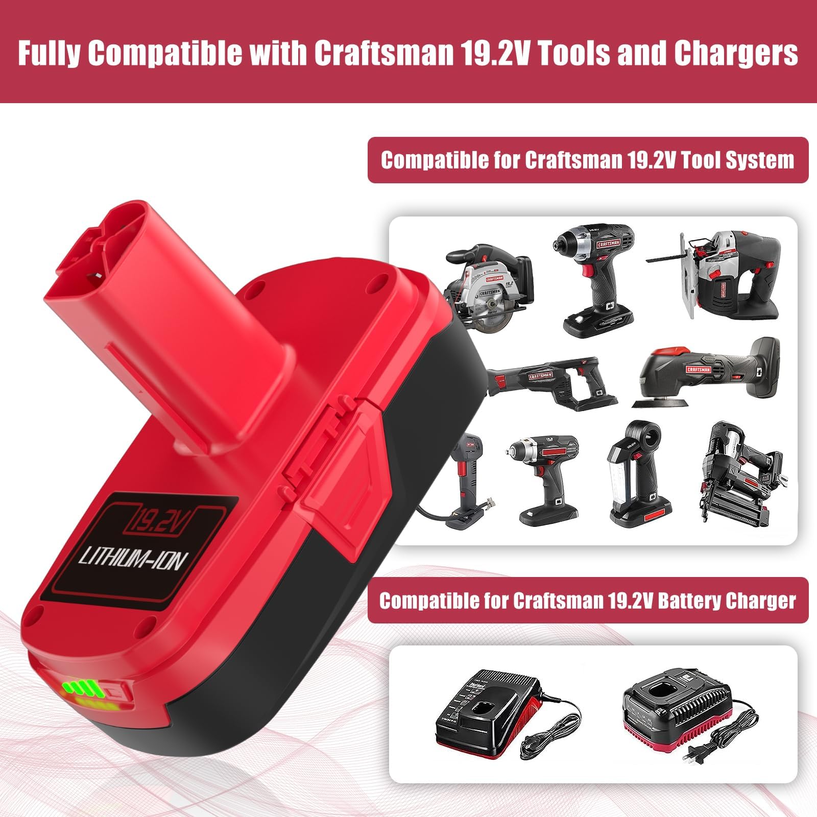 POWTREE shows Craftsman 19.2V compatibility for versatile tool use.