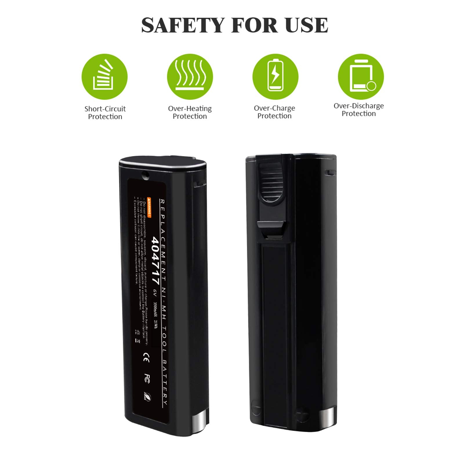 Powtree built-in protection icon conveys safeguards against short circuits and overheating.