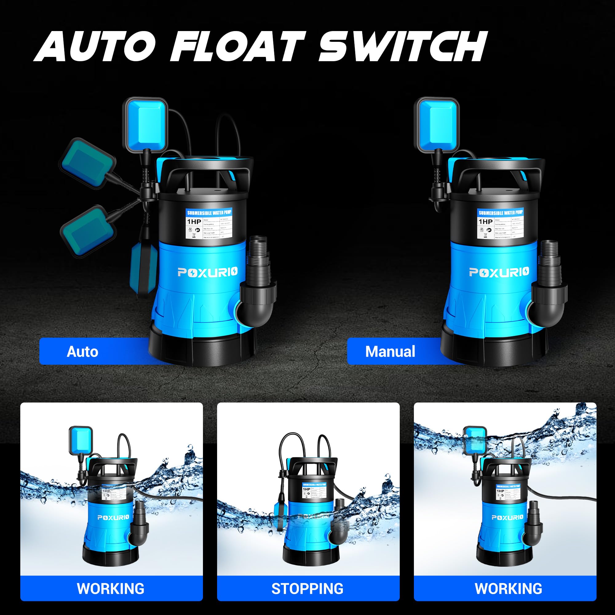 POXURIO IPX8 waterproof sump pump for safe use in wet environments.