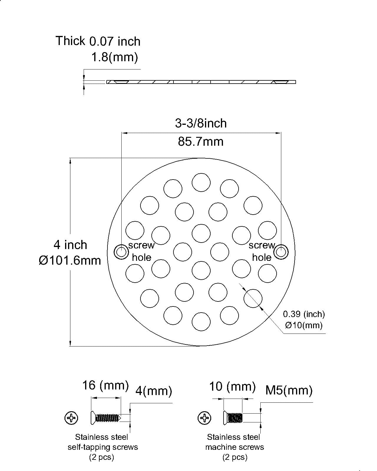 Poyde screw-in drain cover with 3-3/8 inch center holes for secure mounting