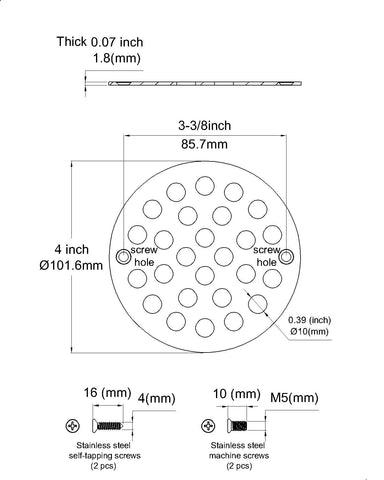 Poyde screw-in drain cover with 3-3/8 inch center holes for secure mounting