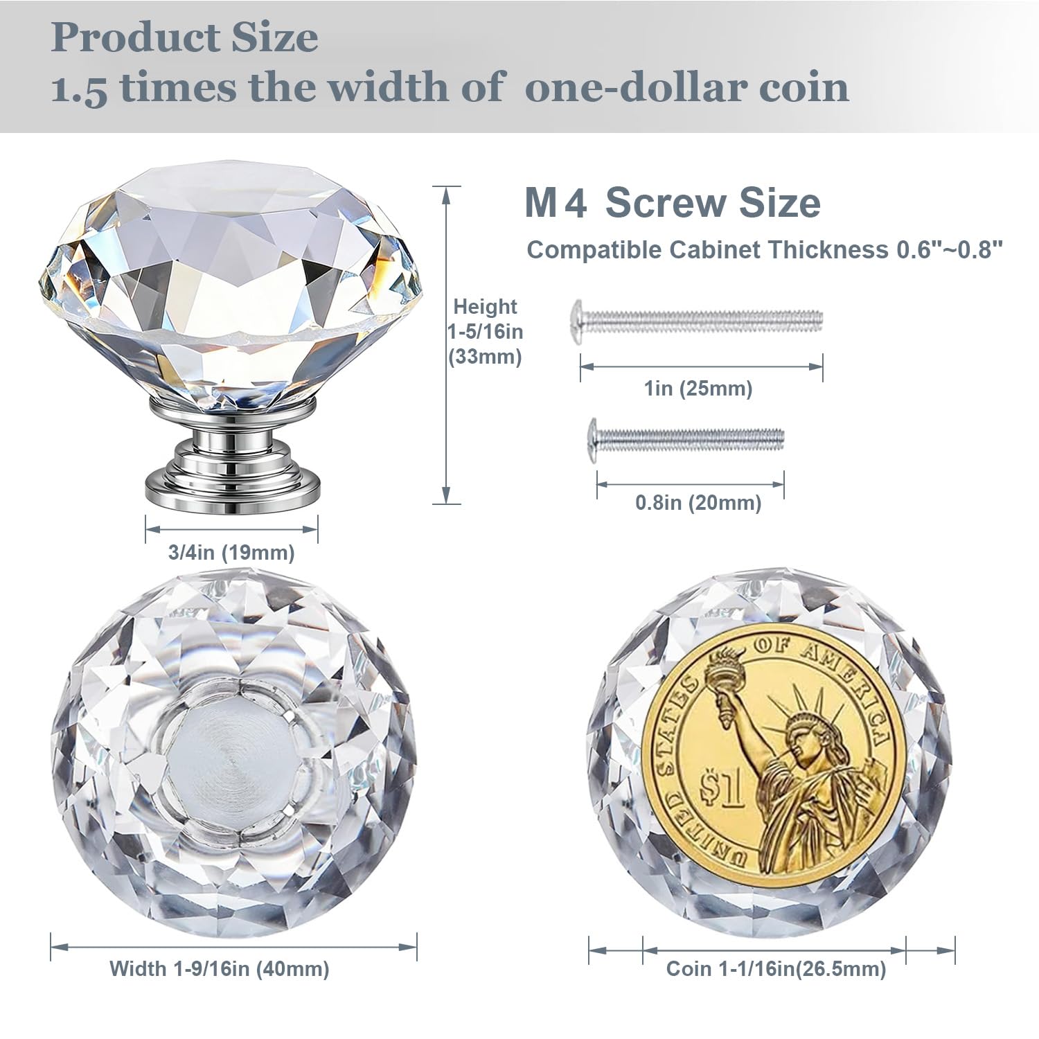 POZEAN crystal knob shown with two-screw option for varied thickness.