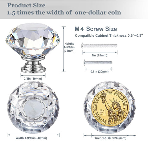 POZEAN crystal knob shown with two-screw option for varied thickness.
