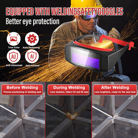 Ppizkk Stick Welder kit includes goggles, rods, clamps, brush, gloves.