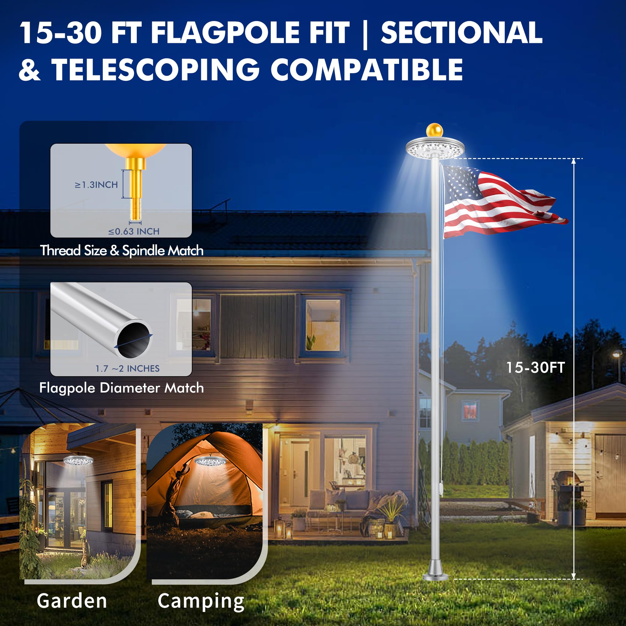 PPQ flag pole light compatible with 15-30 ft poles for versatile installation.
