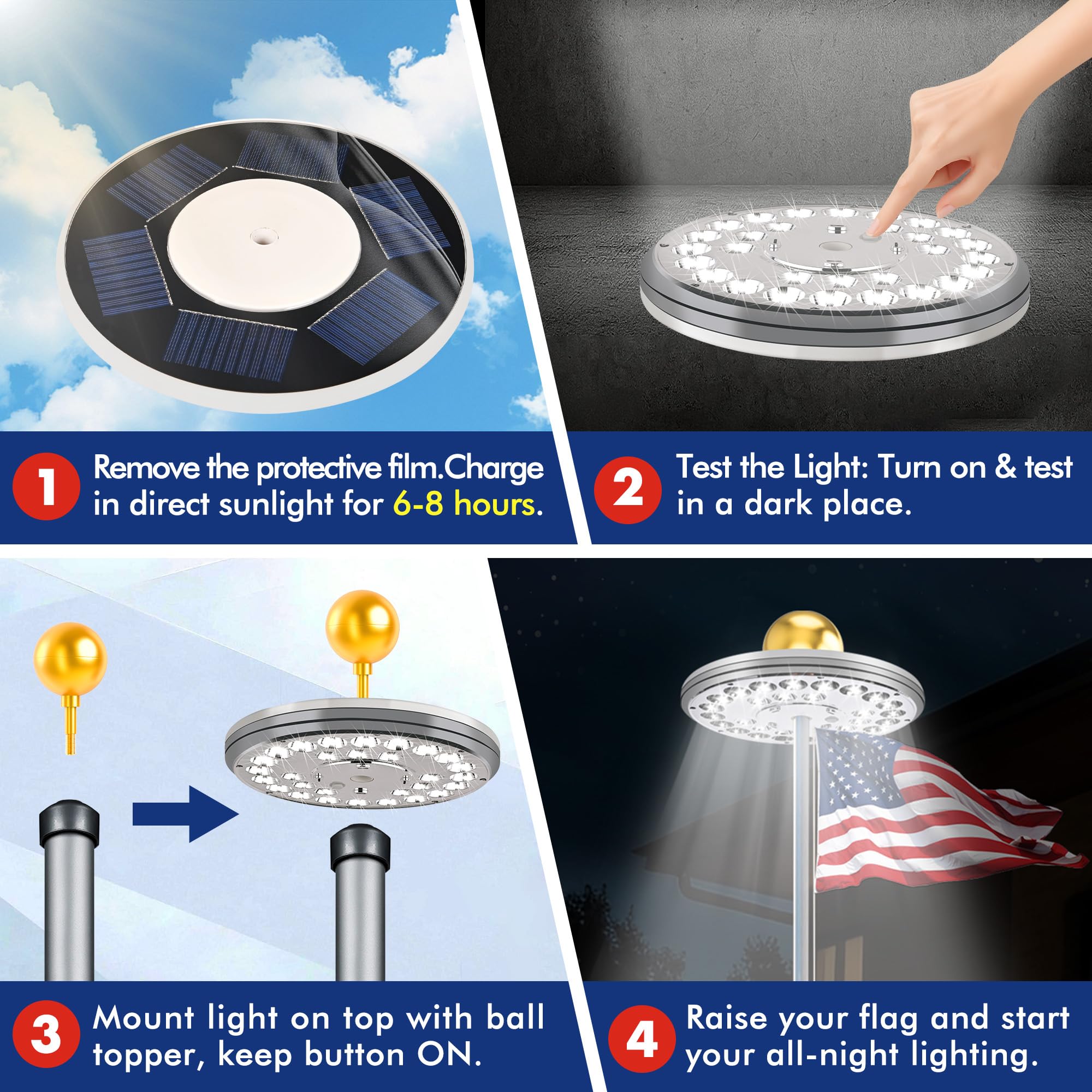 PPQ flag pole light reduces energy waste with solar-powered operation.