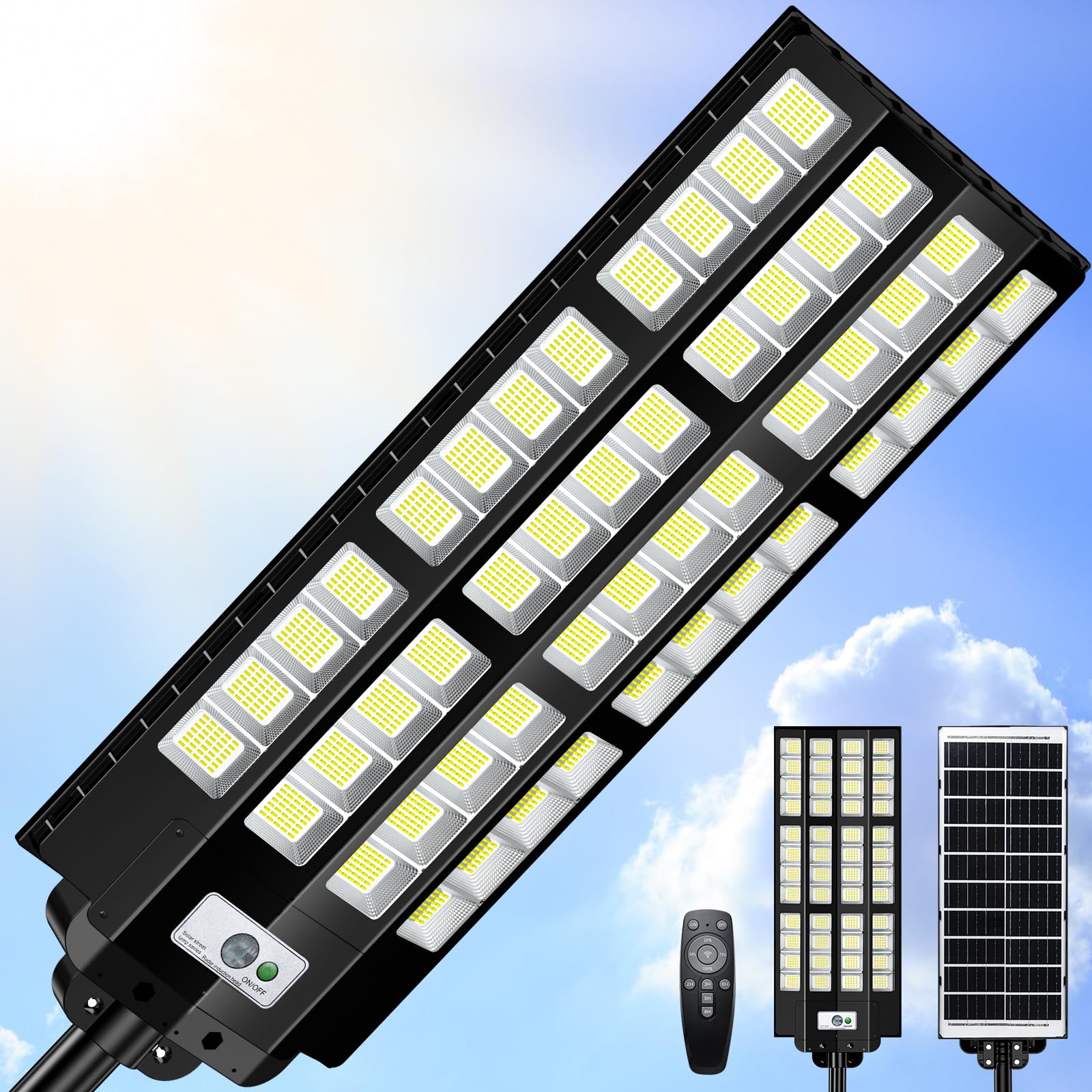 PQINS 12000W solar street light showing broad bright coverage for large outdoor spaces